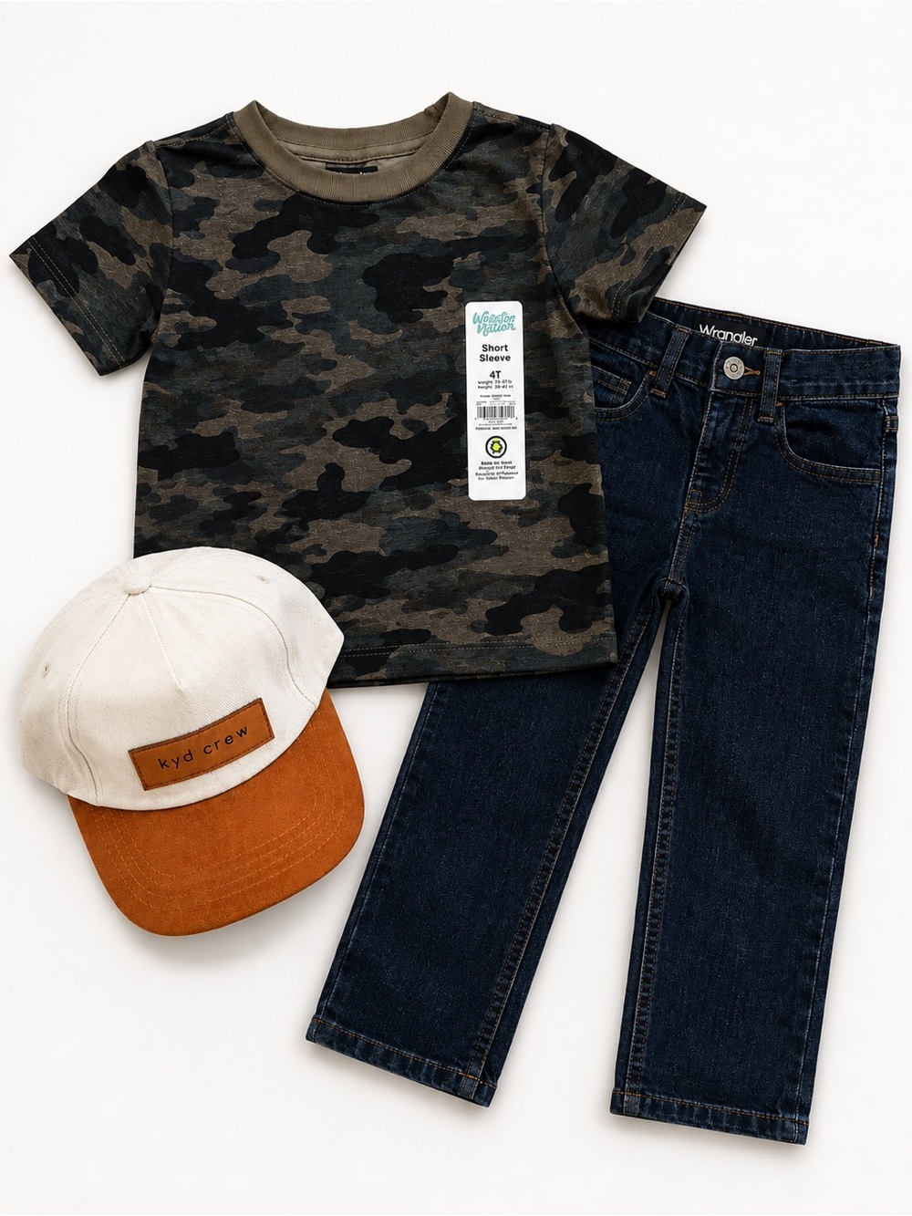 Boys 4T Western Outfit Bundle Wrangler Jeans Camo Tee Kyd Crew Hat